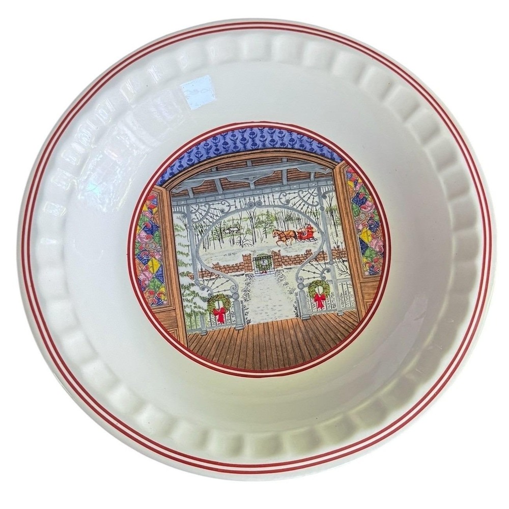 Watkins Fireside French Apple Pie Dish Ceramic‎ Recipe Plate Winter Sleigh 2000